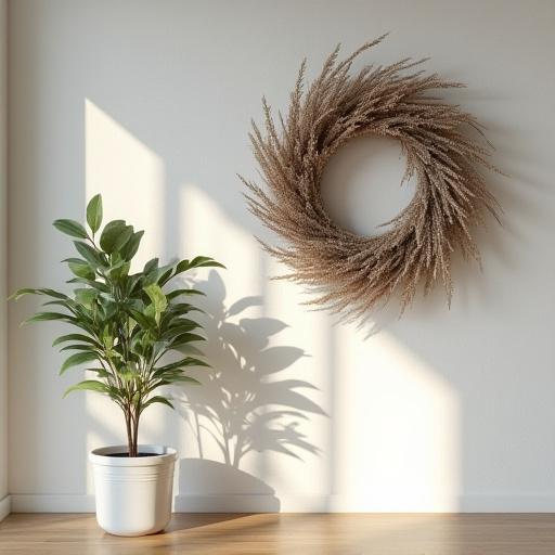モダンな鉢植えと壁に飾られたドライフラワー